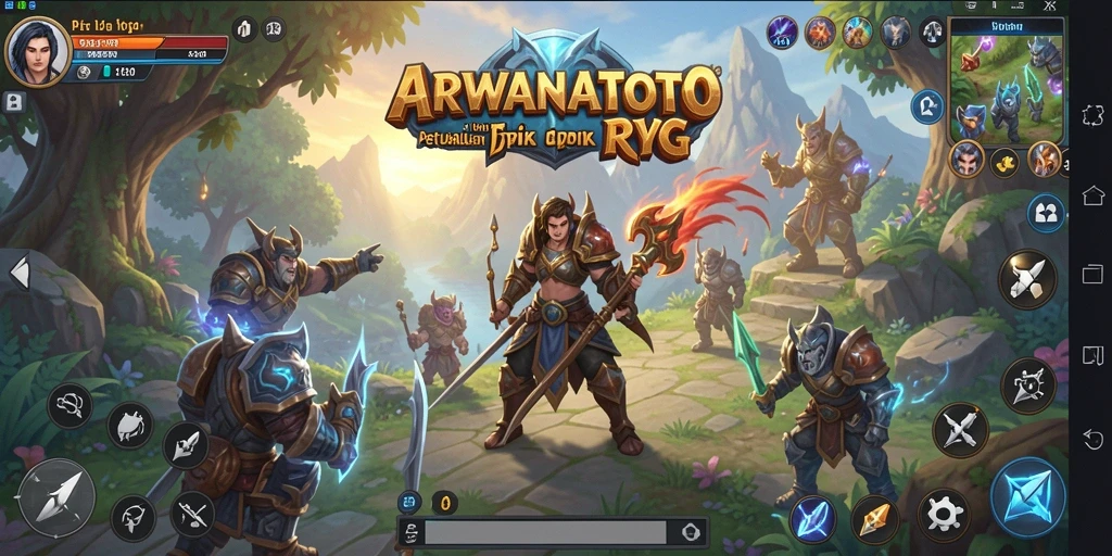 Screenshot gameplay ARWANATOTO menampilkan pertarungan epik antara karakter utama melawan monster.